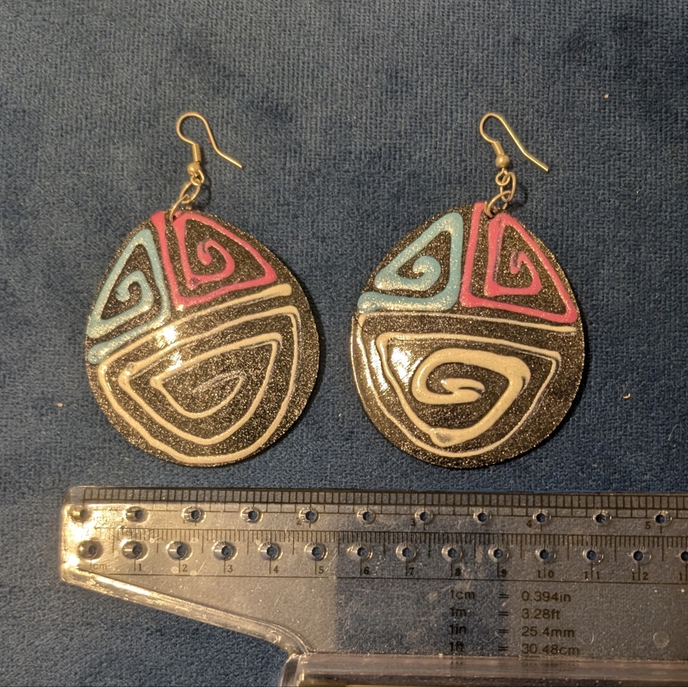 Handcrafted Blue Pink White Tagua Nut Geometric Handpainted Earrings